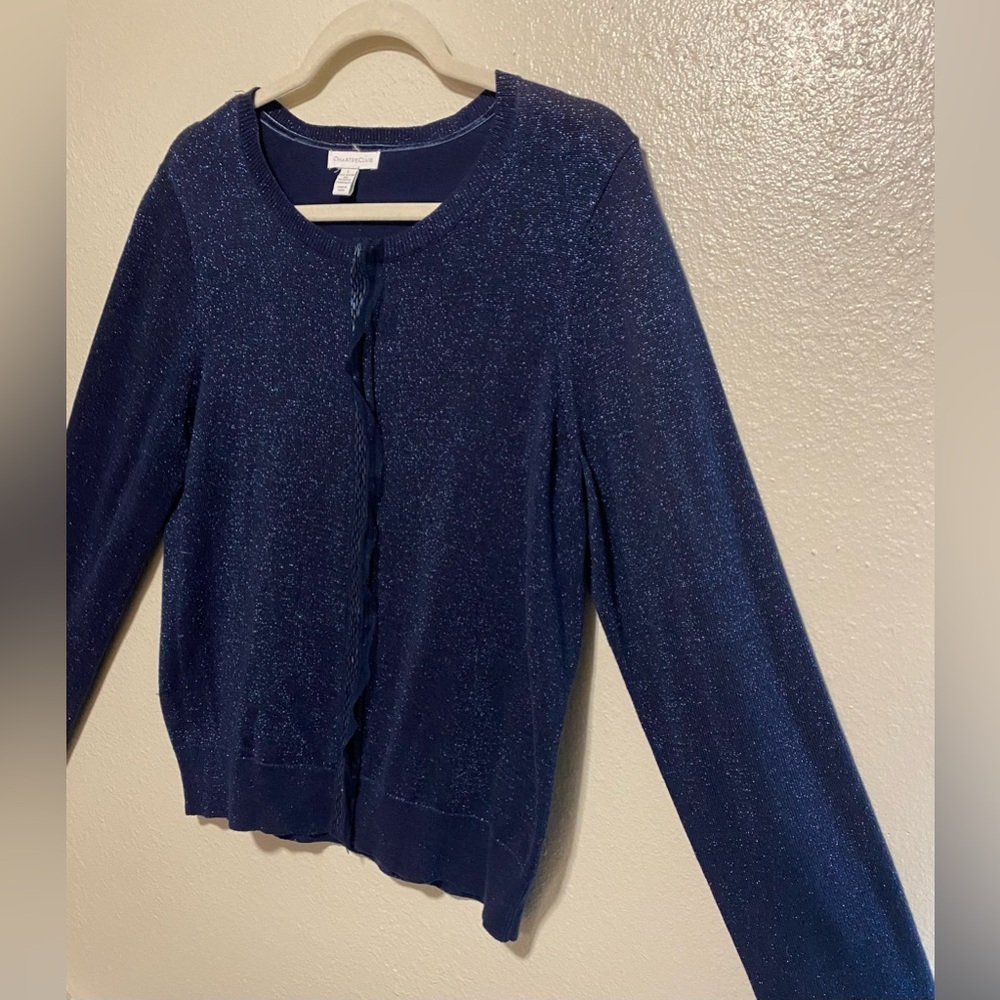 Charter Club Sparkly Blue Cardigan Sweater Sequined Button Front Top |Size Large - Picture 4 of 11